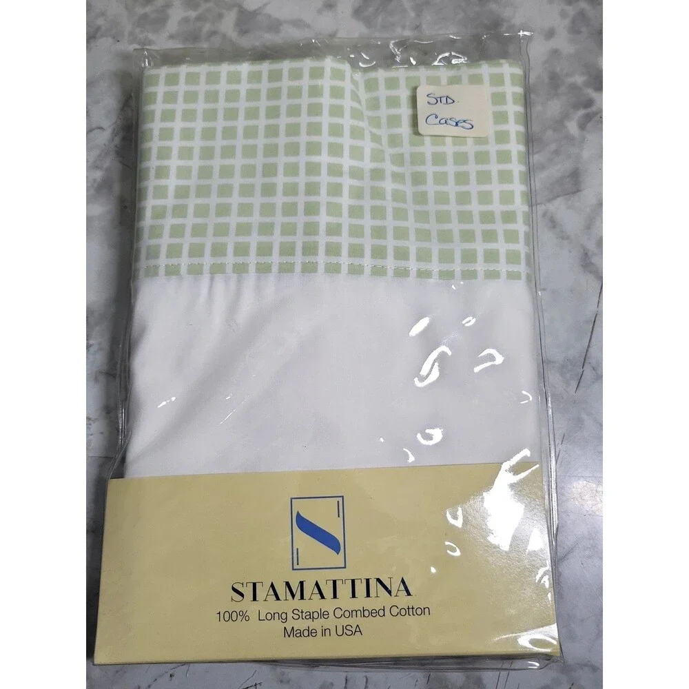 NWT Stamattina Lucia Light Green Grid King Flat Sheet & Shams Cotton Italy USA
